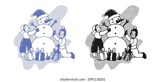 vector kids playing in the snow and building a snowman with christmas gifts and presents. simple isolated holiday illustration for greeting cards and landing pages in a simple style