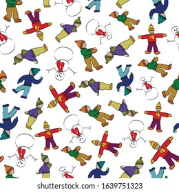 Vector Kids Playing in Snow with Snowmen on White Background Seamless Repeat Pattern. Background for textiles, cards, manufacturing, wallpapers, print, gift wrap and scrapbooking.