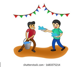 Vector kids playing water songkran festival of Thailand design background, cute illustration