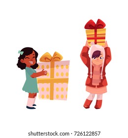vector kids with present gift set. two girls keeping present boxes in hands smiling. Flat illustration on a white background. Christmas, new year birthday gift concept