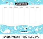 Vector kids schedule with cartoon animals and cute elements.  Weekly planner. Moose, whale, duck, jellyfish, crocodile, stars, fish, moon, cat, birds, hearts, flowers. Vector illustration