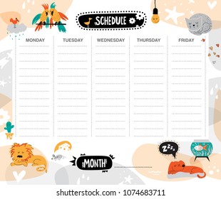 Vector kids schedule with cartoon animals and cute elements. Cute list. Light bulb, bird, parrots, cactus, cloud, cat, drops, hearts, dog, mouse, aquarium, flowers. Vector illustration