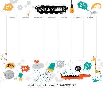 Vector kids schedule with cartoon animals and cute elements.  Weekly planner.  Cute list. Light bulb, bird, giraffe, cactus, cloud, cat, hearts, crocodile, jellyfish, cactus. Vector illustration