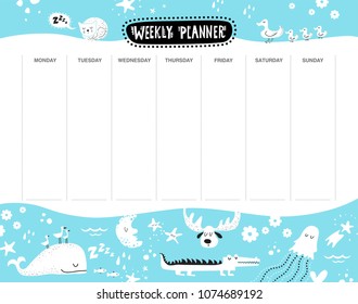 Vector kids schedule with cartoon animals and cute elements.  Weekly planner. Moose, whale, duck, jellyfish, crocodile, stars, fish, moon, cat, birds, hearts, flowers. Vector illustration