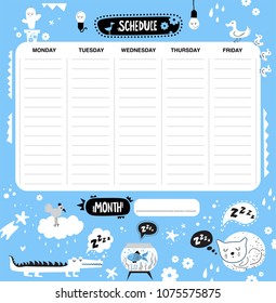 Vector kids schedule with cartoon animals and cute elements.  Weekly planner.  Cute list. Light bulb, bird, aquarium, cactus, cloud, cat, drops, hearts, crocodile, duck, flowers. Vector illustration