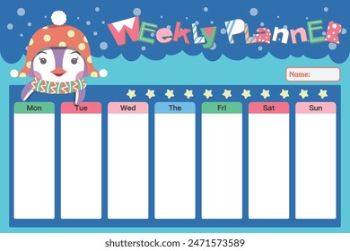 Vector kids schedule with cartoon animals and cute elements. Pastel weekly calendar planner  template with cute antarctic penguin pattern background. Vector illustration. Blue background.