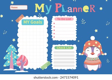 Vector kids schedule with cartoon animals and cute elements. Pastel weekly calendar planner  template with cute penguin pattern background.Cute penguin character. To do list, Check list, My goals.