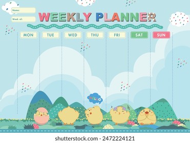 Vector kids schedule with cartoon animals and cute elements. Pastel weekly calendar planner template with cute chicken pattern background. Vector illustration. Blue background.