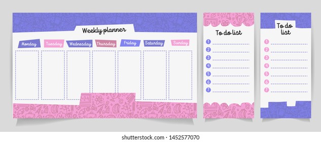 Vector kids schedule with cartoon cute shhool supplies pattern. Weekly planner. Cute list. Verctor illustration. Set of Organizer and Schedule with Notes and To Do List with educational elements