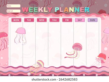 Vector kids schedule with cartoon jellyfish and cute elements. Pastel weekly calendar planner template with cute jellyfish pattern background. Vector illustration. Pink background. For kids.