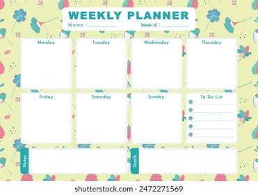 Vector kids schedule with cartoon leaves and nursery elements. Pastel weekly calendar planner template with cute forest leaves pattern background. To do list, Notes, Goals. Yellow background.