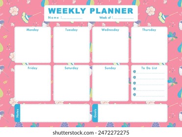 Vector kids schedule with cartoon leaves and nursery elements. Pastel weekly calendar planner template with cute forest leaves pattern background. To do list, Notes, Goals. Pink background.