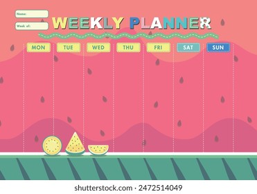 Vector kids schedule with fruit and cute elements. Pastel weekly calendar planner template with cute watermelon pattern background. Vector illustration. Red background.