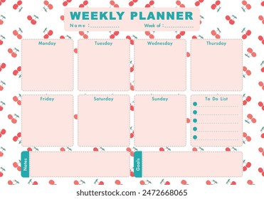 Vector kids schedule with fruit and cute elements. Pastel weekly calendar planner template with nursery cherry pattern background. Vector illustration. 