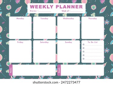 Vector niños programa con guardería Elementos florales y lindos. Plantilla de planificador de calendario semanal de color pastel con fondo de patrón de hojas de bosque lindas. Lista de tareas, Notas, Objetivos. Fondo verde.