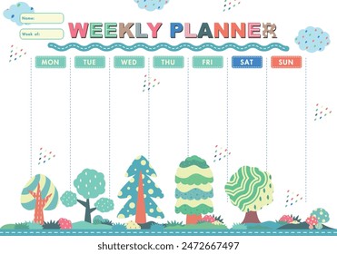 Vector kids schedule with nursery forest and cute elements. Pastel weekly calendar planner template with cute trees pattern background. Vector illustration. White background.