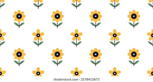 Vector kids seamless pattern with abstract flowers in flat design. Cute baby botany design on white background. Wrapping paper or fabric design. Kawaii flower seamless pattern.