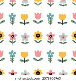 Vector kids seamless pattern with abstract flowers in flat design. Cute baby summer botany design on white background. Wrapping paper design. Kawaii seamless pattern with flowers.