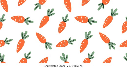 Vector kids seamless pattern with carrots in flat design. Cute baby vegetable carrot design on white background. Wrapping paper or fabric design. Kawaii seamless pattern.