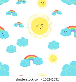 Vector kids seamless pattern with cute clouds, sun, rainbow. Great for wrapping paper, textiles, children's clothing, wallpaper, etc.