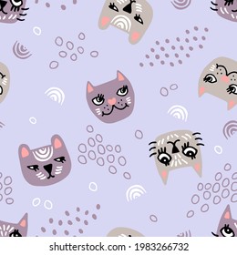 Vector kids seamless pattern with cute cat faces. Hand-drawn texture with cartoon kitty heads for sweet bedtime on purple background. Lilac illustration of friendly pet for baby sleep. Trendy animals.