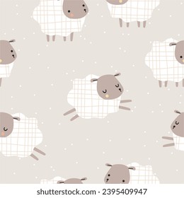 Vector kids seamless pattern with cute sheeps on a beige background. Neutral pastel colors. 