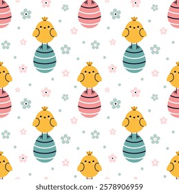 Vector kids seamless pattern with easter eggs, chicks and flowers in flat design. Cute baby easter design on white background. Wrapping paper design. Kawaii easter seamless pattern.