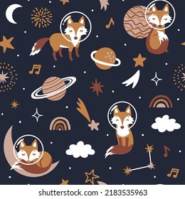 Vector kids seamless pattern with fox astronauts, planets, rainbow, clouds and stars. Cute repeated texture with cartoon animals. Space print for fabric, childish clothing and wrapping paper.