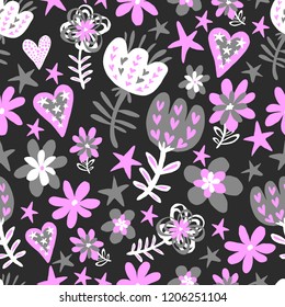 Vector kids seamless pattern with pink and gray colors. Perfectly for interior, wrapping paper, bed linen, textile, fabric, cover, wallpaper, fashion, kids clothing, Valentines day.