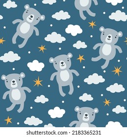 Los niños vectoriales son un patrón sin fisuras con osos de peluche, nubes, estrellas. Textura repetida chilena con personaje de caricatura.  Impresión de corte para tela y papel de envoltura. Antecedentes nocturnos. Concepto de sueños dulces