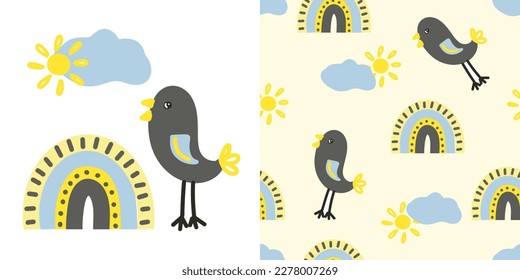 Los niños vectores son un bonito pájaro, arcos de lluvia y nubes. Patrón sin foco. Ilustración vectorial de tejidos para bebés, huellas y decoración.