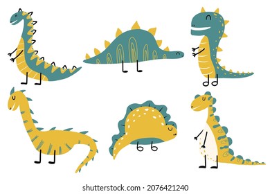 Vector kids set of cute dinosaurs. Drawn dino. Dinosaurs in green and yellow colors.
