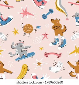 vector kids sport seamless pattern with cats and dogs. Cute sport animals in hand-drawn style. Vector repeat animal background for fabric design. 