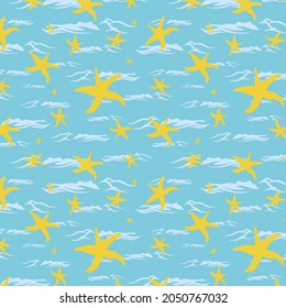 Vector kids starfish pattern for girls and boys. Yellow starfish on the abstract background create a fun cartoon drawing. Backdrop for textile.