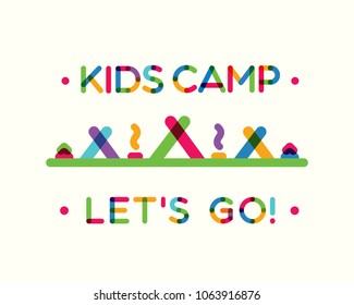 Vector kids summer camp 2018 card with nature landscape consisting of trees, tent and campfire for holiday party, kids camping, fest, banner. 10 eps