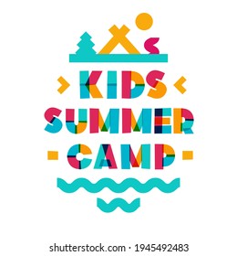 Vector kids summer camp banner with nature landscape consisting of trees, tent and campfire for holiday party, kids camping, fest, banner. 10 eps