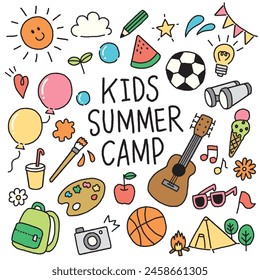 Vector kids summer camp hand drawn icon set