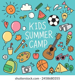 Vector kids summer camp hand drawn icon set