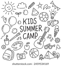 Vector kids summer camp monochrome icon set