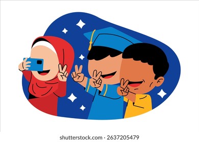 Vector of kids taking a graduation selfie with their proud family
