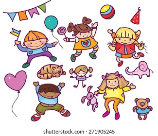 Vector kids and toys cartoons isolated.