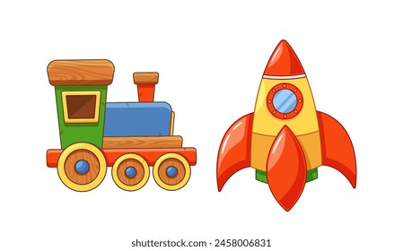 Vector Kids Toys. Train Locomotive Chugs Along Tracks, Emitting Whistles And Bells. Plastic Rocket Launches Into Space