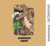 Vector kids t-shirt design featuring roaring T-Rex dinosaur with Jurassic theme, palm trees, bold typography and playful style, perfect for trendy children’s fashion and apparel prints.