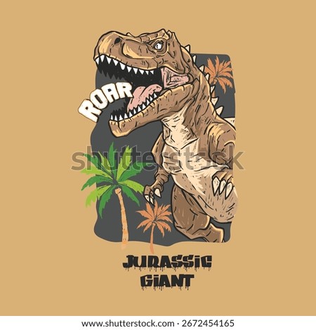 Vector kids t-shirt design featuring roaring T-Rex dinosaur with Jurassic theme, palm trees, bold typography and playful style, perfect for trendy children’s fashion and apparel prints.