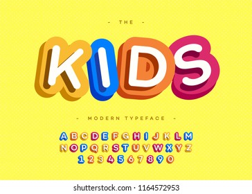 Vector Kids Typeface 3d Bold Typography Sans Serif Style For Poster, Decoration, Promotion, Book, T Shirt, Sale Banner, Printing On Fabric. Cool Modern Alphabet. Trendy Font. 10 Eps