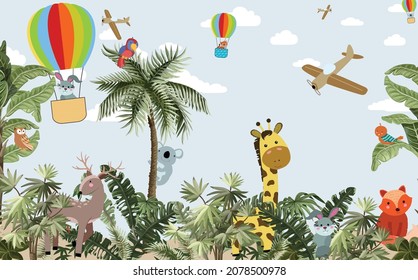 Vector Kids Wallpaper, Forest Animals, Colorful Balloon