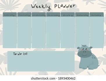 Vector kids weekly planner with cute hippo in cartoon style. Place for a to-do list