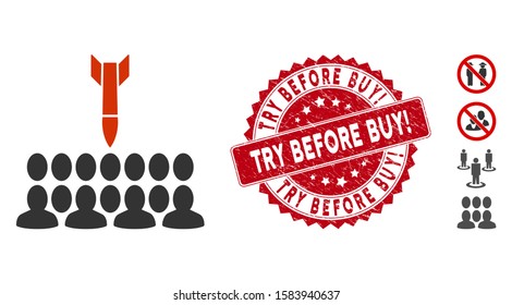 Vector kill all the people icon and grunge round stamp seal with Try Before Buy! phrase. Flat kill all the people icon is isolated on a white background.