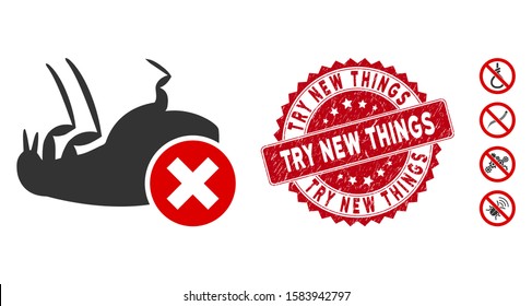 Vector kill flea icon and grunge round stamp seal with Try New Things text. Flat kill flea icon is isolated on a white background. Try New Things stamp seal uses red color and grunged surface.