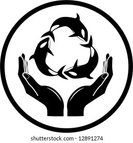 Vector killer whale and hands icon. Black and white. Simply change.